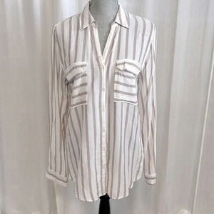 Lightweight  Striped Button Down V Neck Blouse, Size L